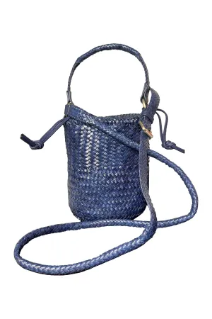 Allan K Pomelo Double Jump Leather Woven Bucket Bag | Navy