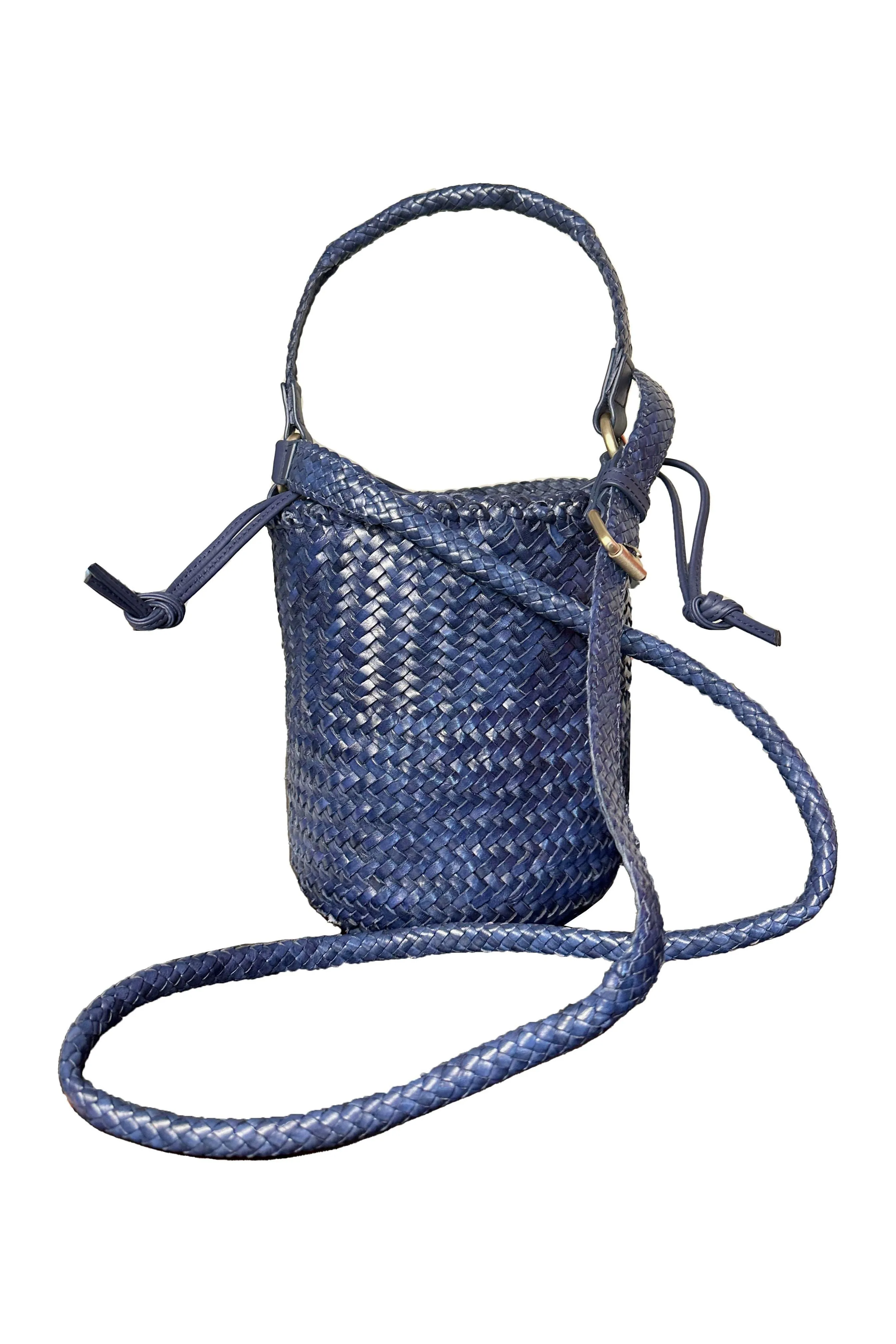 Allan K Pomelo Double Jump Leather Woven Bucket Bag | Navy