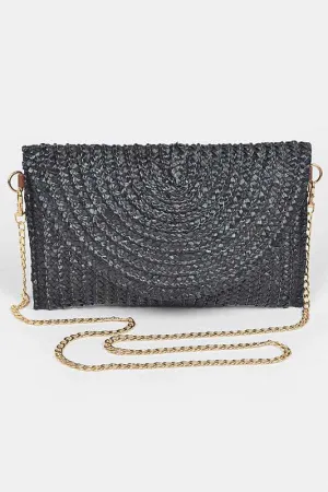 Black Straw Envelope Convertible Clutch Bag