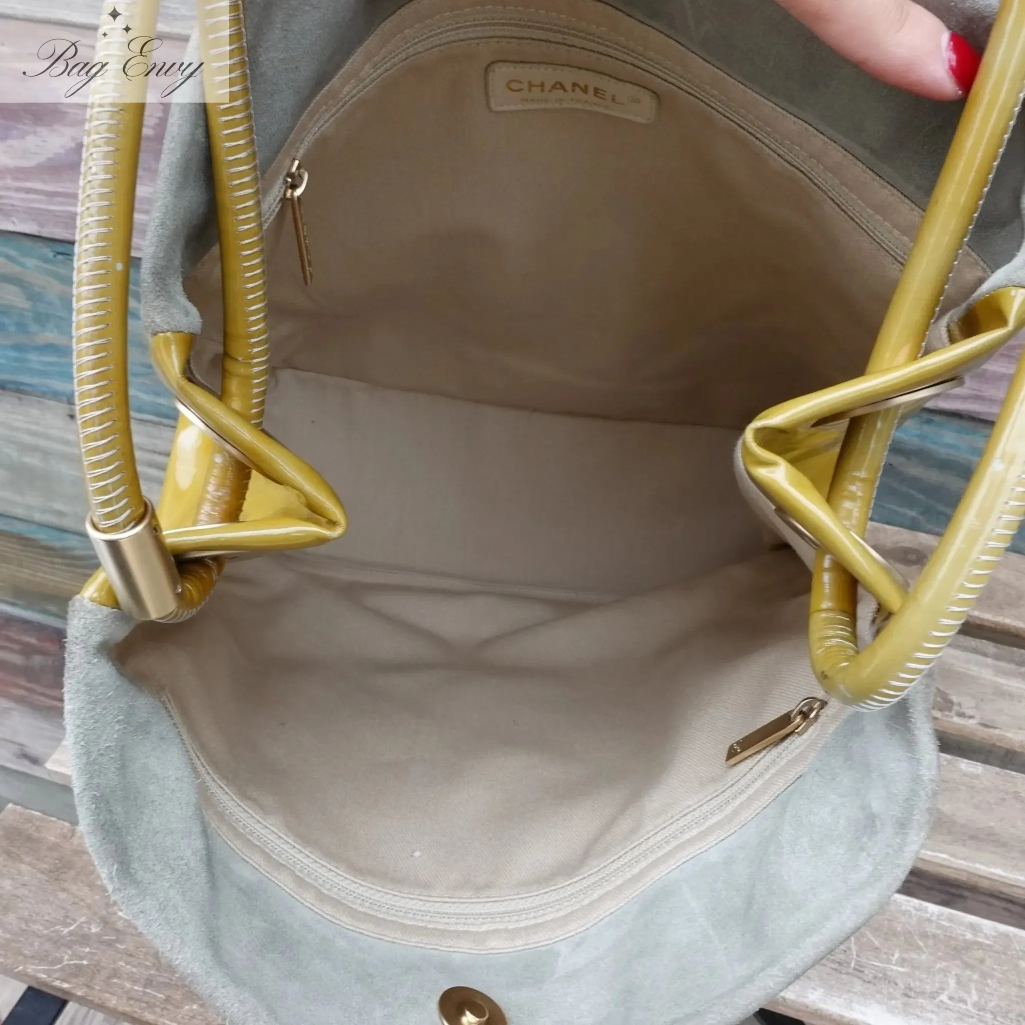 CHANEL Suede and Patent Leather Camellia Tote