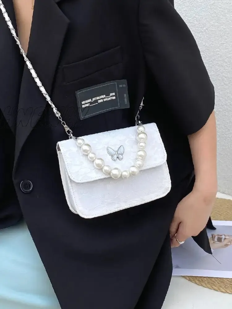Hnewly - Faux Pearl Decor Flap Satchel Bag  - Women Satchels