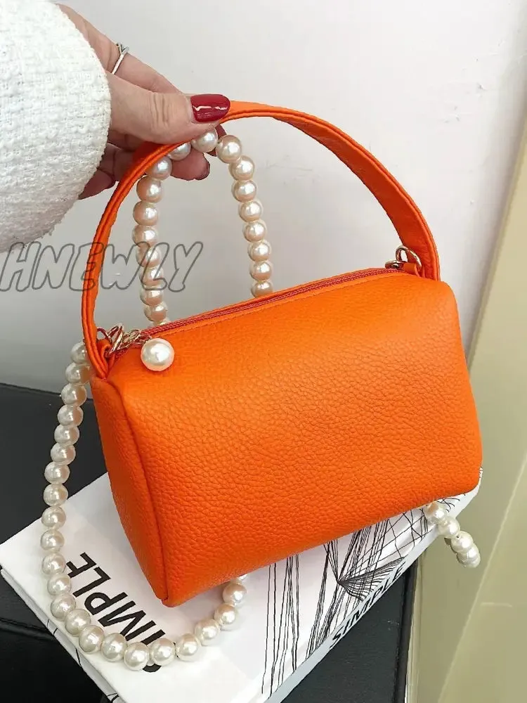 Hnewly - Litchi Embossed Faux Pearl Decor Bucket Bag  - Women Satchels