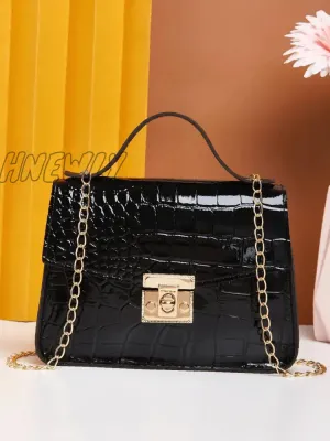 Hnewly - Minimalist Croc Embossed Flap Square Bag  - Women Satchels