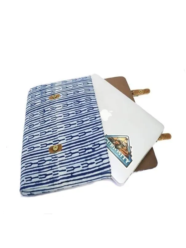 Indigo Fork Vegan Leather and Dabu Print Canvas Laptop Sleeve