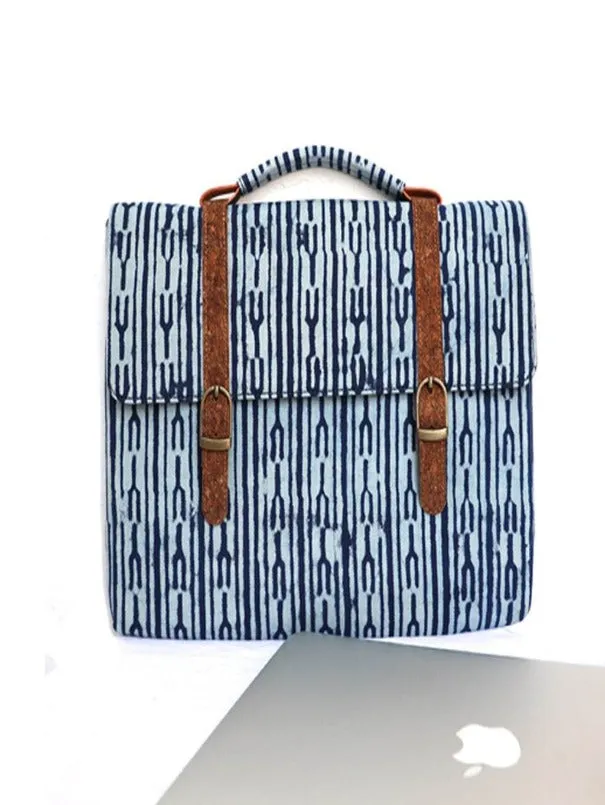 Indigo Fork Vegan Leather and Dabu Print Canvas Laptop Sleeve
