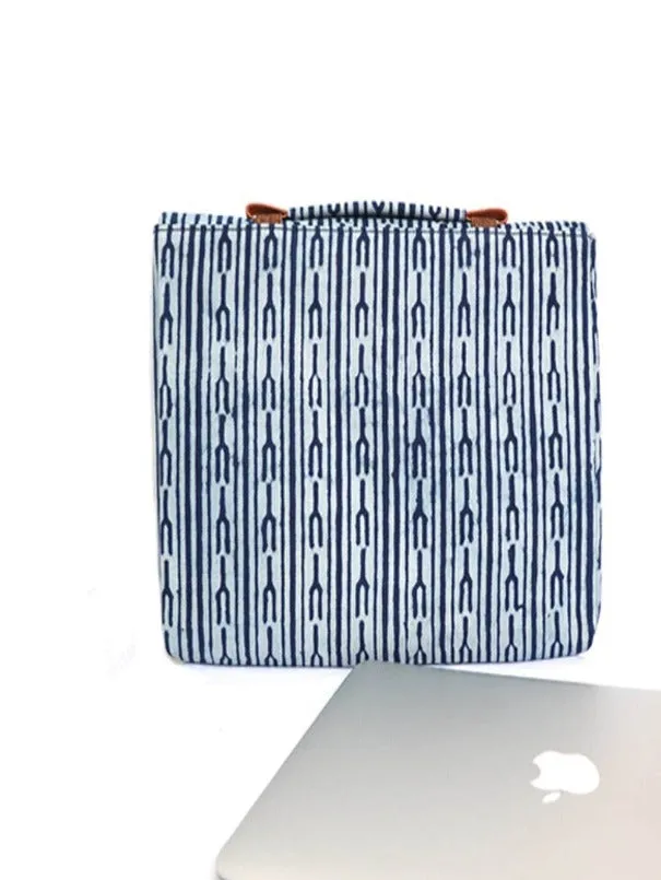 Indigo Fork Vegan Leather and Dabu Print Canvas Laptop Sleeve