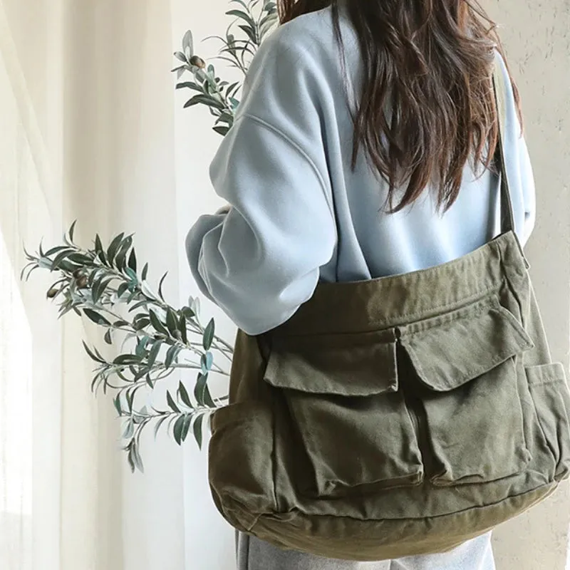 Japanese High-capacity Simple Shoulder Messenger Bags Casual Vintage Pocket Canvas Bag Grunge Y2k Women Solid Handbags Crossbody