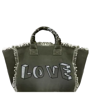 Olive Love Blocks Fringe Canvas Bag