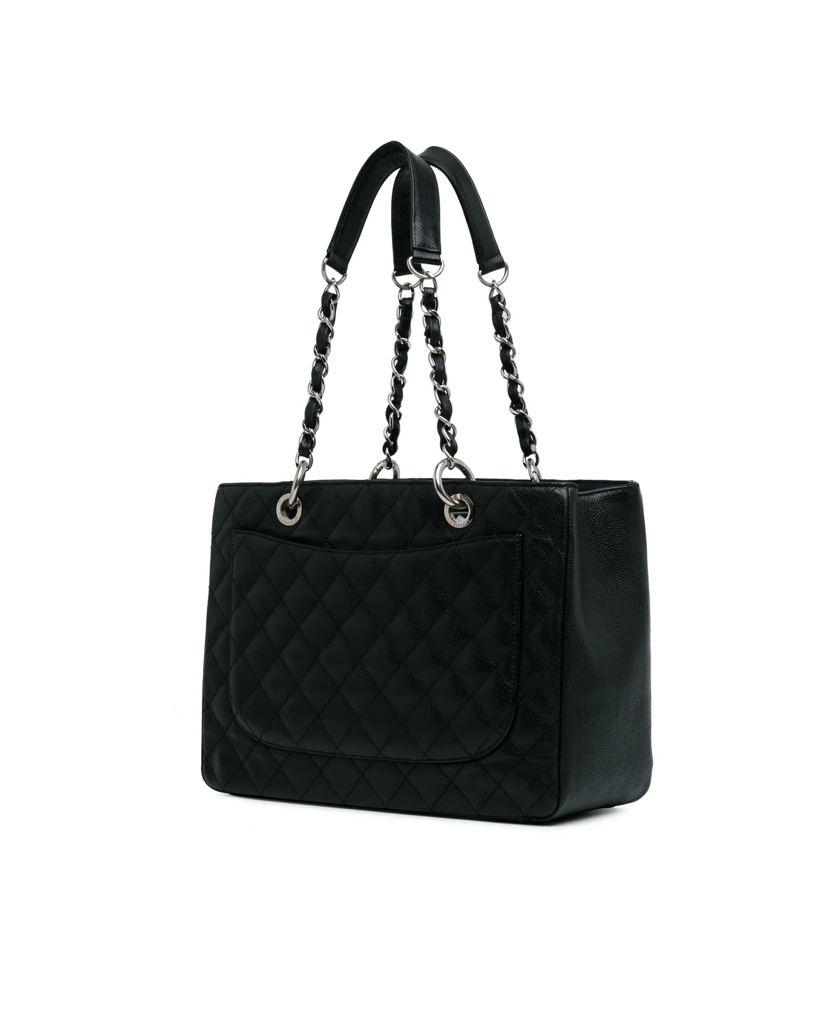 Quilted Leather Chain Shoulder Tote with Interior and Exterior Pockets