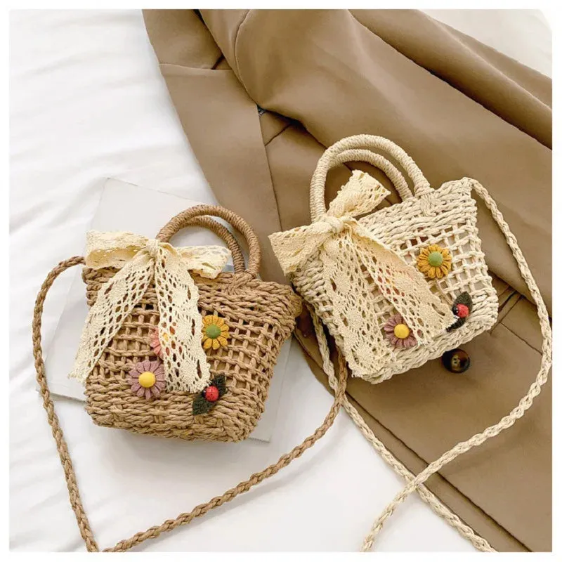 Sohiwoo Ladies Summer Small Floral Pattern Straw Phone Bag Crossbody Purse Women Mini Handmade Straw Handbag Beach Bag