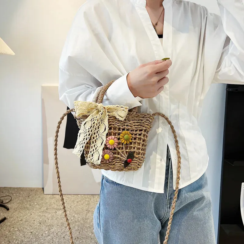 Sohiwoo Ladies Summer Small Floral Pattern Straw Phone Bag Crossbody Purse Women Mini Handmade Straw Handbag Beach Bag