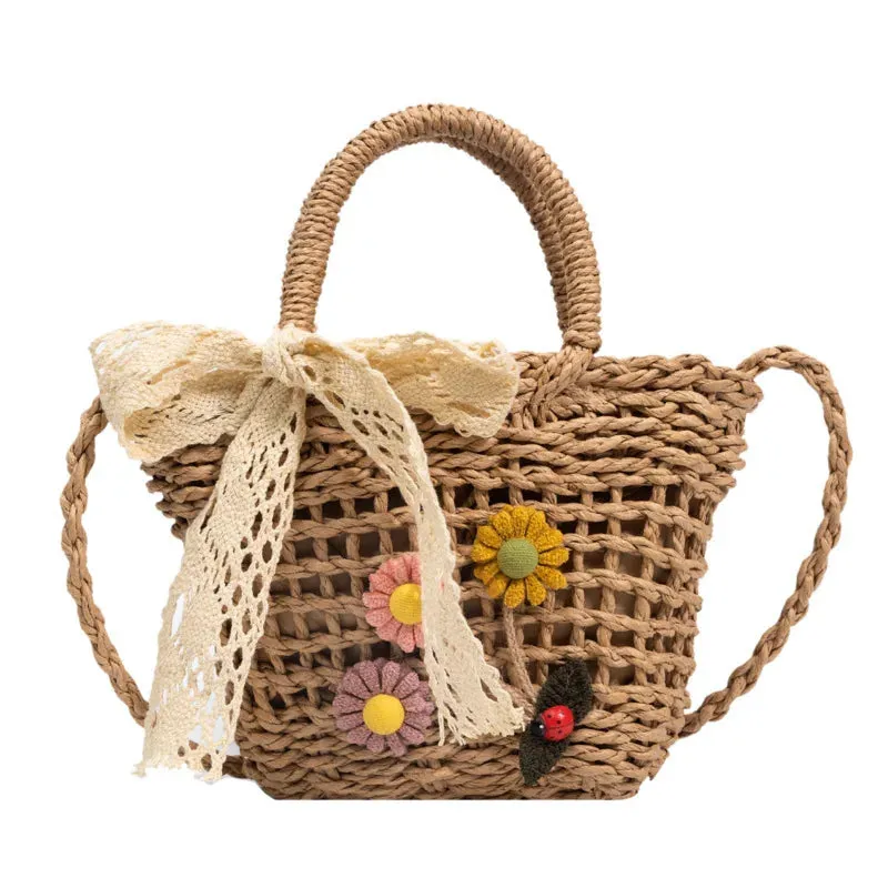 Sohiwoo Ladies Summer Small Floral Pattern Straw Phone Bag Crossbody Purse Women Mini Handmade Straw Handbag Beach Bag