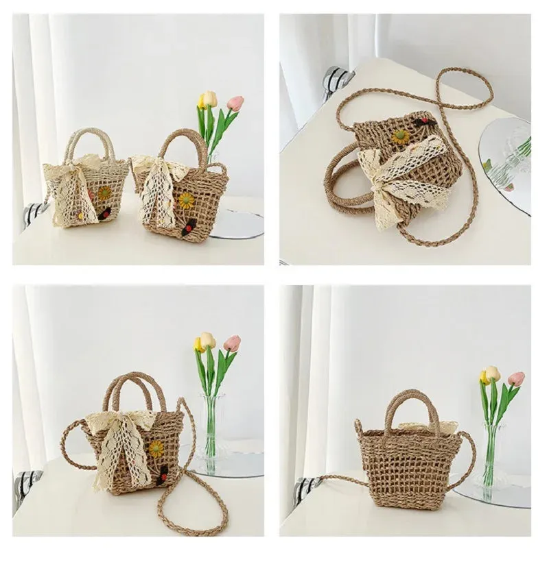 Sohiwoo Ladies Summer Small Floral Pattern Straw Phone Bag Crossbody Purse Women Mini Handmade Straw Handbag Beach Bag