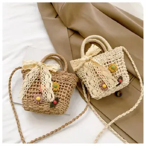 Sohiwoo Ladies Summer Small Floral Pattern Straw Phone Bag Crossbody Purse Women Mini Handmade Straw Handbag Beach Bag