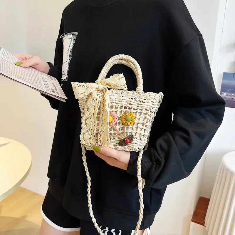 Sohiwoo Ladies Summer Small Floral Pattern Straw Phone Bag Crossbody Purse Women Mini Handmade Straw Handbag Beach Bag