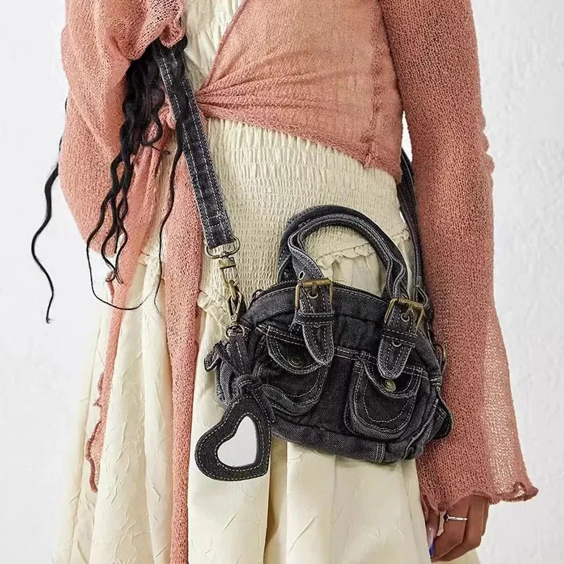 Sohiwoo Vintage Y2k Crossbody Bags for Women Washed Denim Mini Handbags Casual Streetwear Moto & Biker Multiple Pockets Shoulder Bags