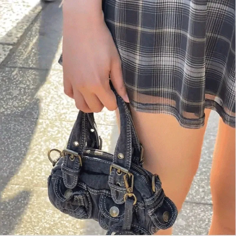 Sohiwoo Vintage Y2k Crossbody Bags for Women Washed Denim Mini Handbags Casual Streetwear Moto & Biker Multiple Pockets Shoulder Bags