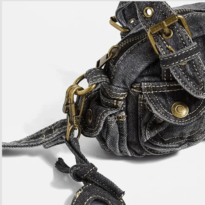 Sohiwoo Vintage Y2k Crossbody Bags for Women Washed Denim Mini Handbags Casual Streetwear Moto & Biker Multiple Pockets Shoulder Bags