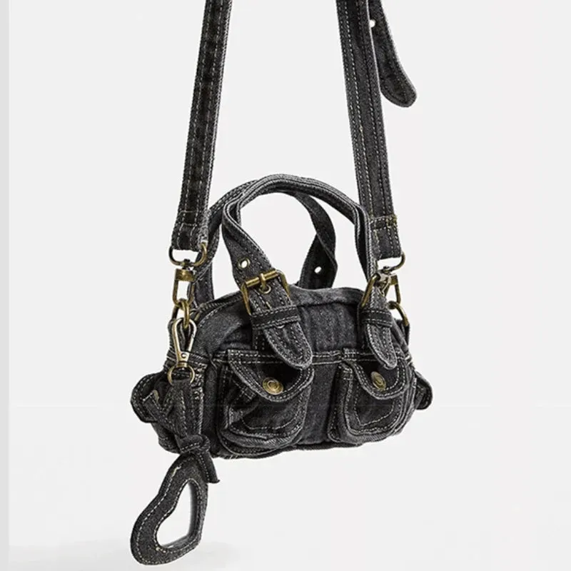 Sohiwoo Vintage Y2k Crossbody Bags for Women Washed Denim Mini Handbags Casual Streetwear Moto & Biker Multiple Pockets Shoulder Bags