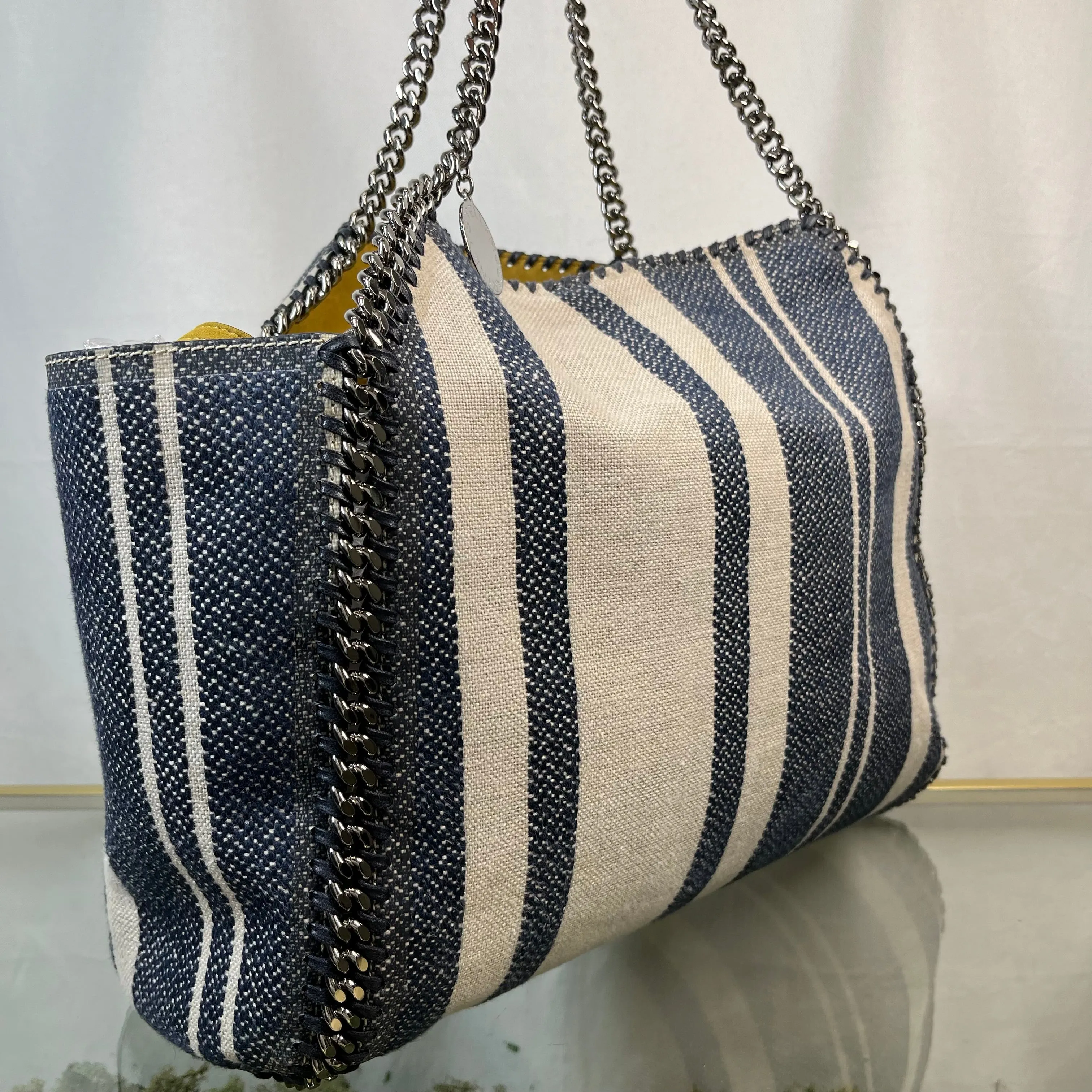 STELLA MCCARTNEY Falabella Reversible Blue Stripe/Yellow Suede Tote