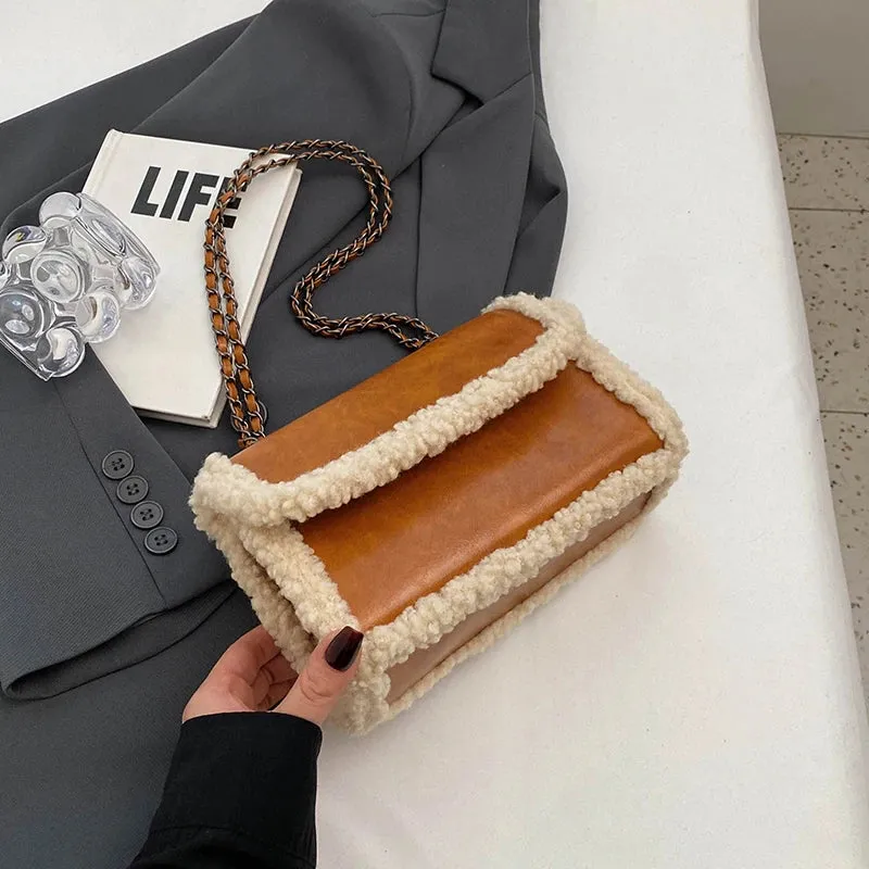 Vvsha 2024 Autumn/Winter Lamb Plush PU Spliced Crossbody Bag Vintage Burgundy Magnetic Buckle Flip Chain Underarm Bag Commuter Handbag