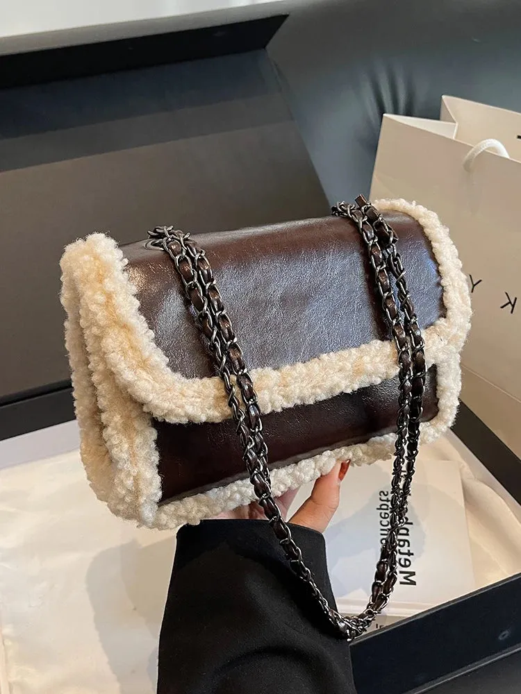 Vvsha 2024 Autumn/Winter Lamb Plush PU Spliced Crossbody Bag Vintage Burgundy Magnetic Buckle Flip Chain Underarm Bag Commuter Handbag