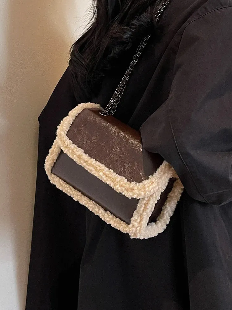 Vvsha 2024 Autumn/Winter Lamb Plush PU Spliced Crossbody Bag Vintage Burgundy Magnetic Buckle Flip Chain Underarm Bag Commuter Handbag