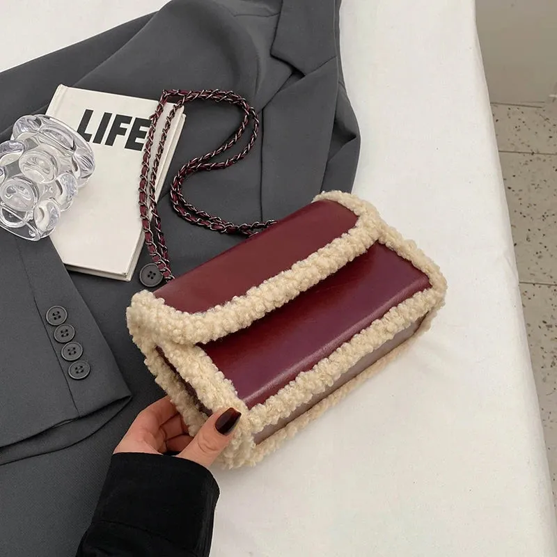 Vvsha 2024 Autumn/Winter Lamb Plush PU Spliced Crossbody Bag Vintage Burgundy Magnetic Buckle Flip Chain Underarm Bag Commuter Handbag
