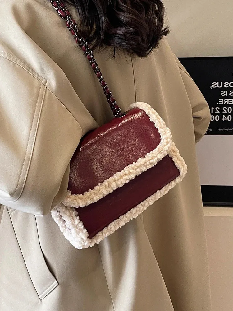 Vvsha 2024 Autumn/Winter Lamb Plush PU Spliced Crossbody Bag Vintage Burgundy Magnetic Buckle Flip Chain Underarm Bag Commuter Handbag