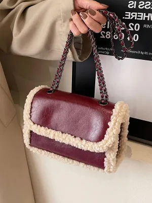 Vvsha 2024 Autumn/Winter Lamb Plush PU Spliced Crossbody Bag Vintage Burgundy Magnetic Buckle Flip Chain Underarm Bag Commuter Handbag