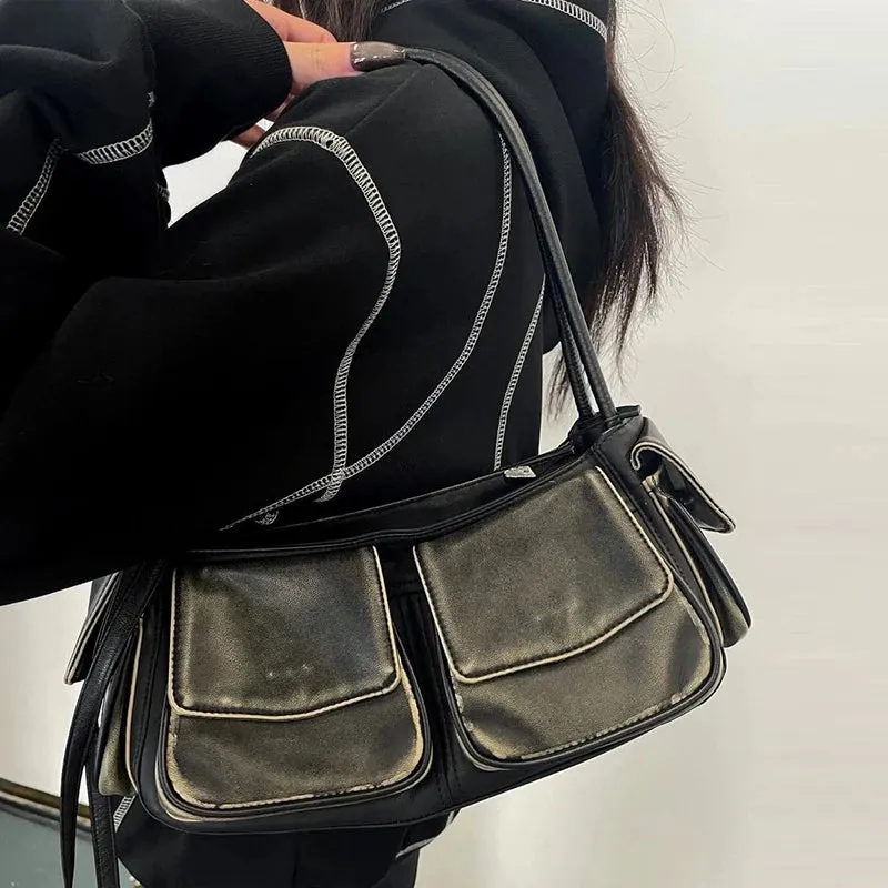 Vvsha Moto & Biker Y2k Bags For Women Luxury Designer Handbags Purses 2023 New In Vintage PU Leather Multiple Pockets Square Shoulder