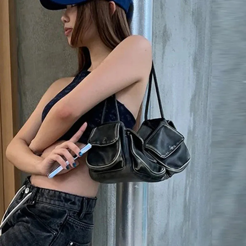 Vvsha Moto & Biker Y2k Bags For Women Luxury Designer Handbags Purses 2023 New In Vintage PU Leather Multiple Pockets Square Shoulder