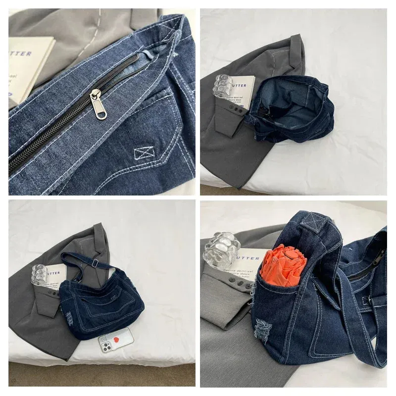 Y2K Women's Denim Bag Messenger Bag Student Tote Handbag Zipper Satchel Jeans Shoulder Cross Bag Eco Bag  Korean Shopper Pockets