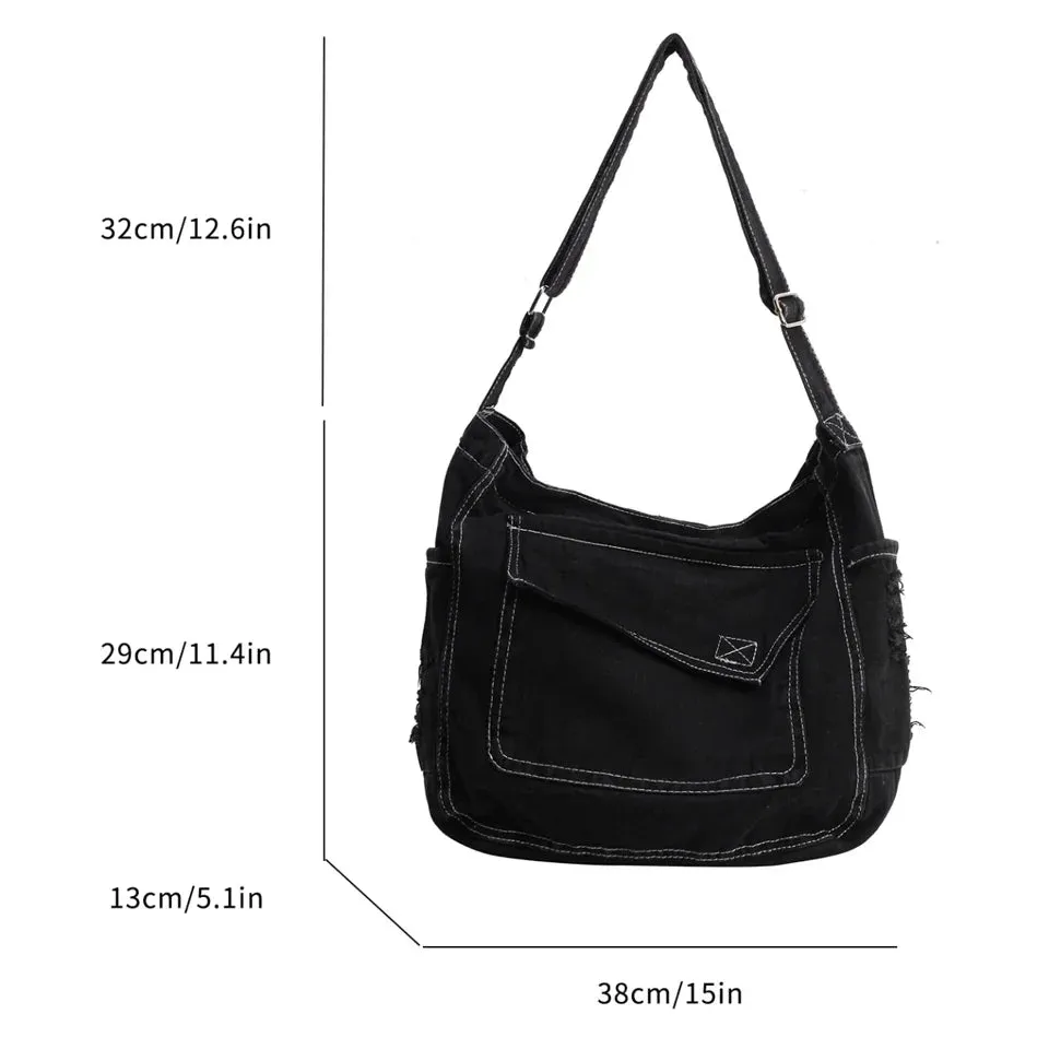 Y2K Women's Denim Bag Messenger Bag Student Tote Handbag Zipper Satchel Jeans Shoulder Cross Bag Eco Bag  Korean Shopper Pockets