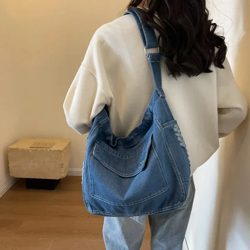 Y2K Women's Denim Bag Messenger Bag Student Tote Handbag Zipper Satchel Jeans Shoulder Cross Bag Eco Bag  Korean Shopper Pockets