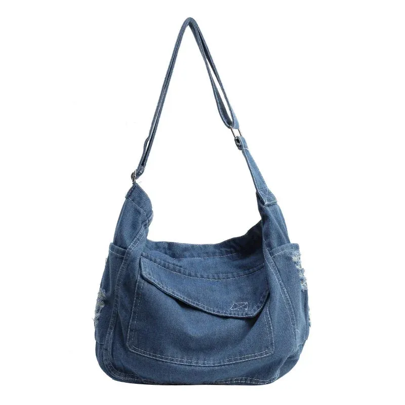 Y2K Women's Denim Bag Messenger Bag Student Tote Handbag Zipper Satchel Jeans Shoulder Cross Bag Eco Bag  Korean Shopper Pockets