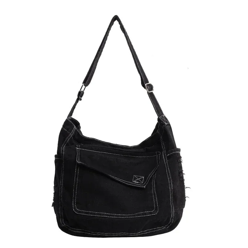 Y2K Women's Denim Bag Messenger Bag Student Tote Handbag Zipper Satchel Jeans Shoulder Cross Bag Eco Bag  Korean Shopper Pockets