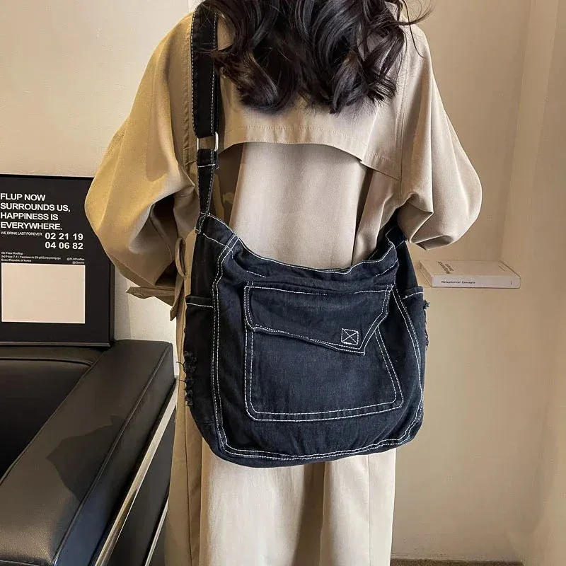 Y2K Women's Denim Bag Messenger Bag Student Tote Handbag Zipper Satchel Jeans Shoulder Cross Bag Eco Bag  Korean Shopper Pockets