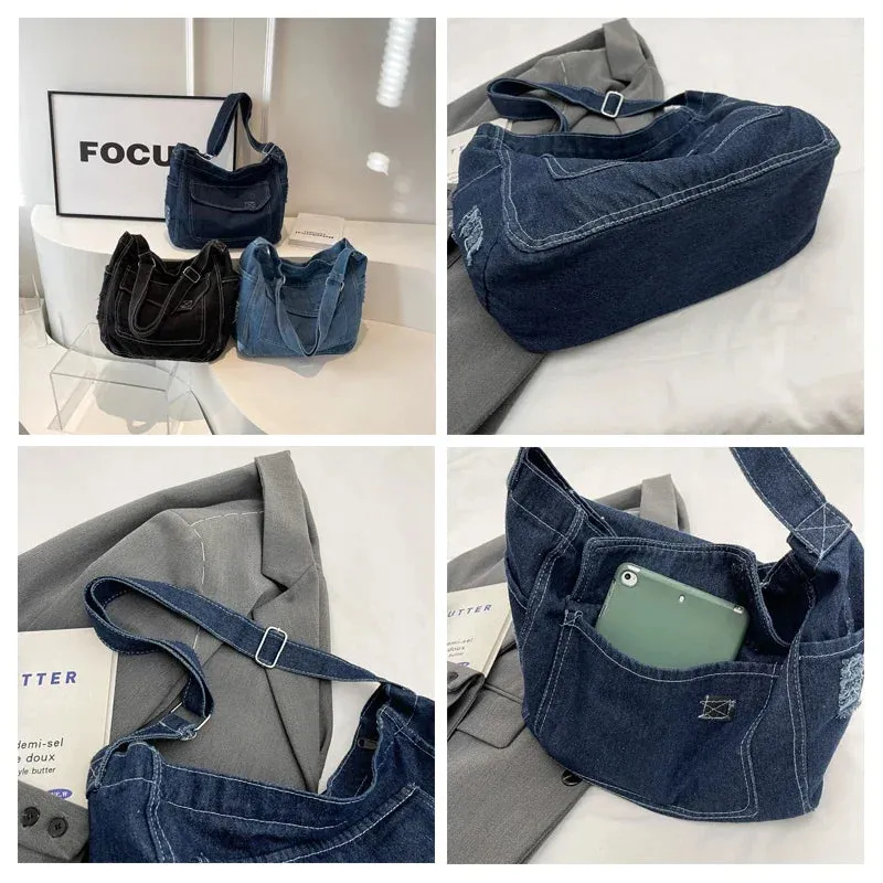 Y2K Women's Denim Bag Messenger Bag Student Tote Handbag Zipper Satchel Jeans Shoulder Cross Bag Eco Bag  Korean Shopper Pockets