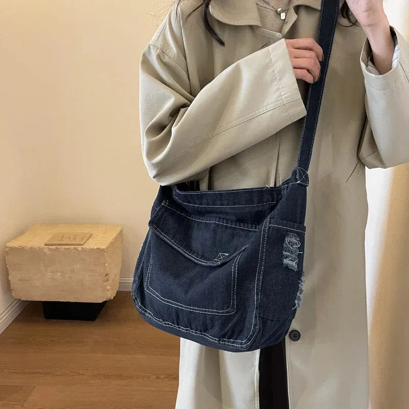 Y2K Women's Denim Bag Messenger Bag Student Tote Handbag Zipper Satchel Jeans Shoulder Cross Bag Eco Bag  Korean Shopper Pockets