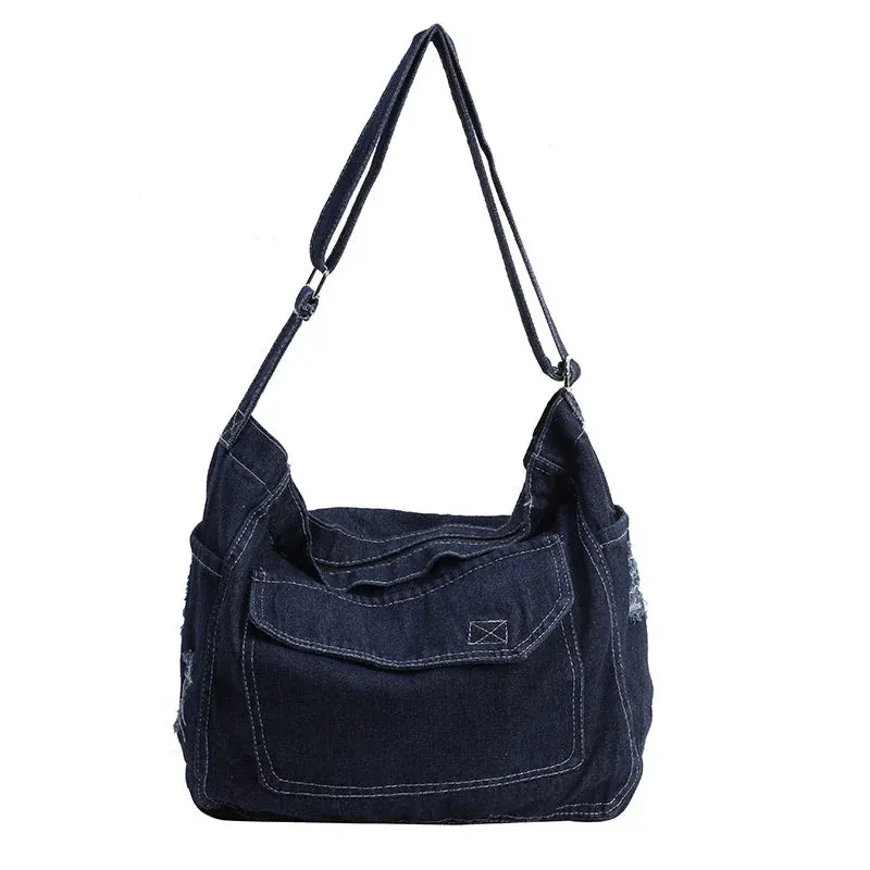 Y2K Women's Denim Bag Messenger Bag Student Tote Handbag Zipper Satchel Jeans Shoulder Cross Bag Eco Bag  Korean Shopper Pockets